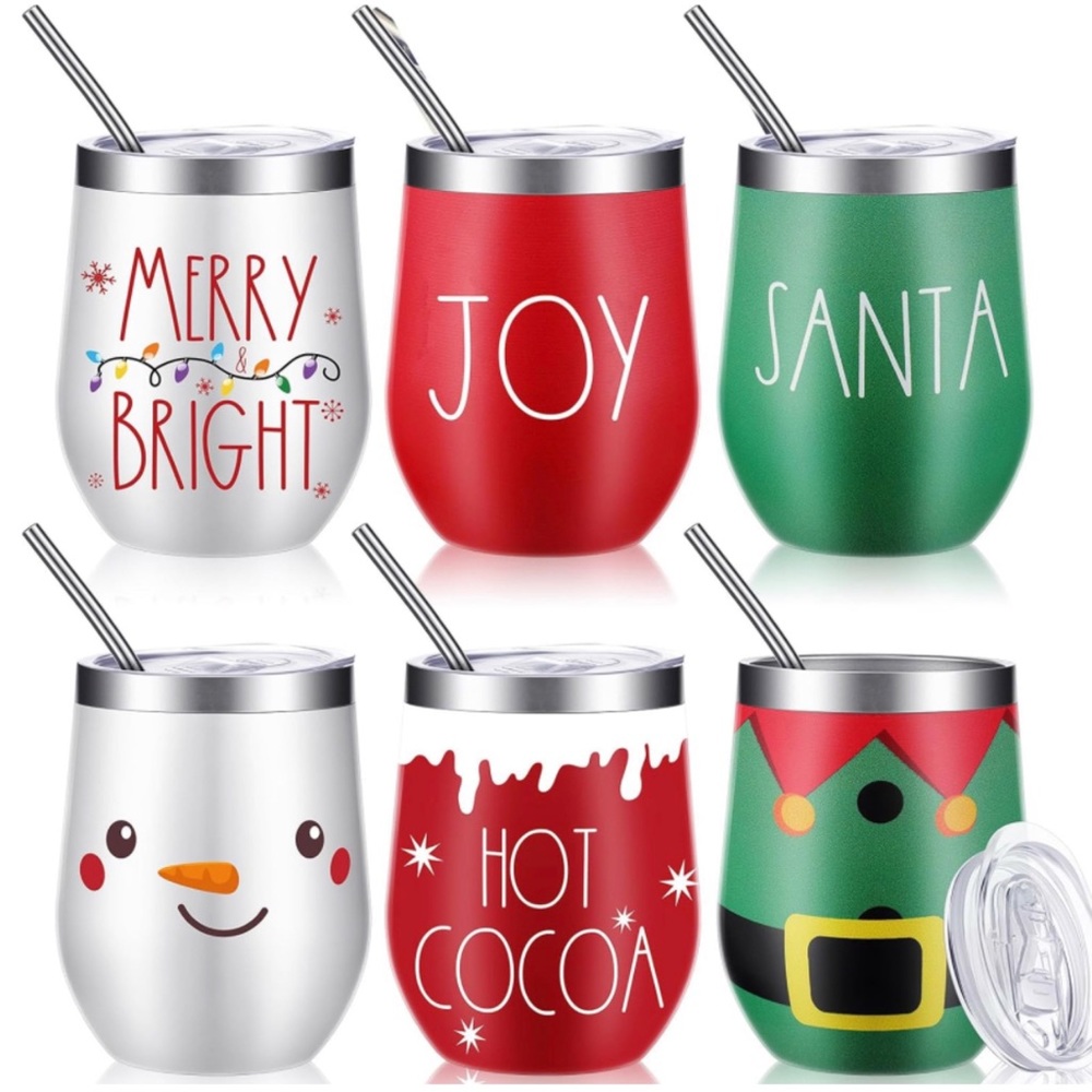 Holiday Stainless Steel Insulated Wine Tumbler with Lid, Straw & Cleaning Brush